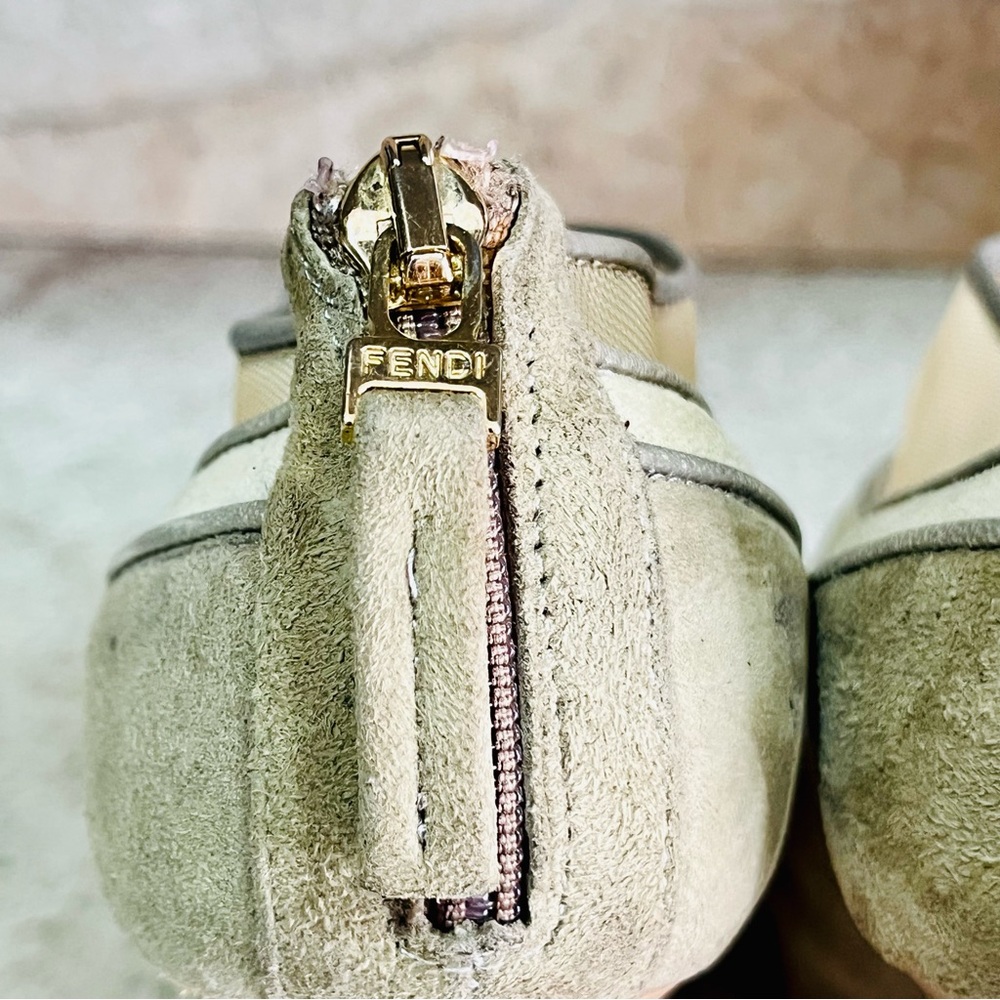 Fendi FF Logo Gray and Beige Mesh Suede High Heel Booties - Picture 7 of 10